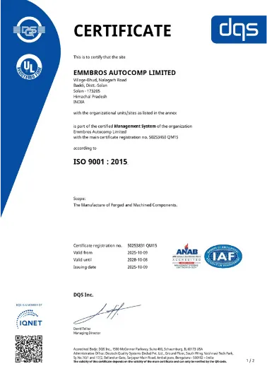 ISO 9001:2015 Quality Management System Certificate at Emmbros Autocomp